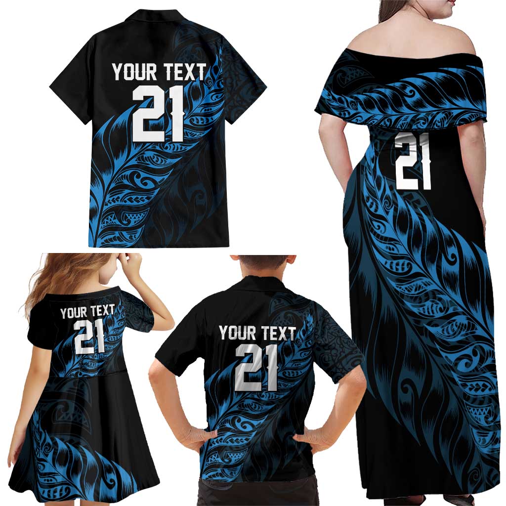 New Zealand Lawn Bowls Custom Family Matching Off Shoulder Maxi Dress and Hawaiian Shirt Blue Maori Warrior Tribal Silver Fern - Aussie Hoodie
