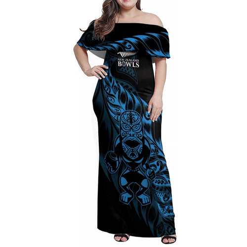New Zealand Lawn Bowls Custom Family Matching Off Shoulder Maxi Dress and Hawaiian Shirt Blue Maori Warrior Tribal Silver Fern - Aussie Hoodie