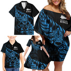 New Zealand Lawn Bowls Custom Family Matching Off Shoulder Short Dress and Hawaiian Shirt Blue Maori Warrior Tribal Silver Fern - Aussie Hoodie