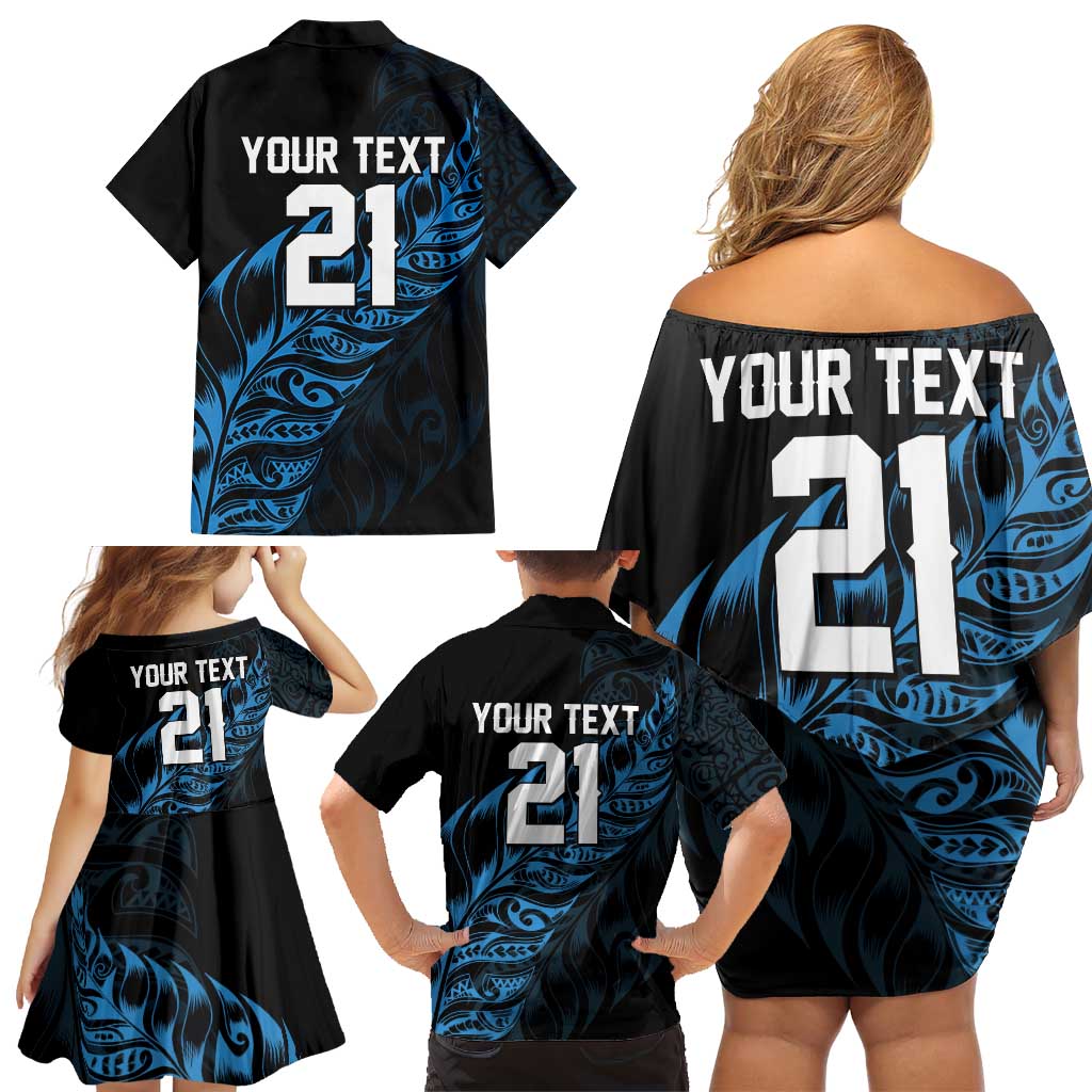 New Zealand Lawn Bowls Custom Family Matching Off Shoulder Short Dress and Hawaiian Shirt Blue Maori Warrior Tribal Silver Fern - Aussie Hoodie