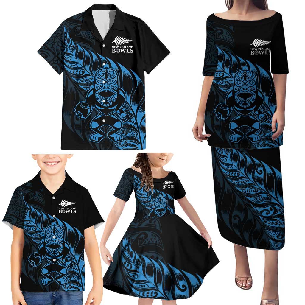 New Zealand Lawn Bowls Custom Family Matching Puletasi and Hawaiian Shirt Blue Maori Warrior Tribal Silver Fern - Aussie Hoodie