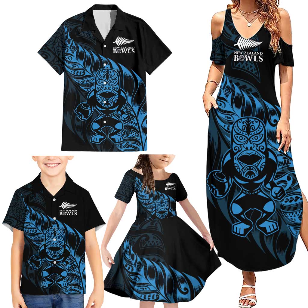 New Zealand Lawn Bowls Custom Family Matching Summer Maxi Dress and Hawaiian Shirt Blue Maori Warrior Tribal Silver Fern - Aussie Hoodie