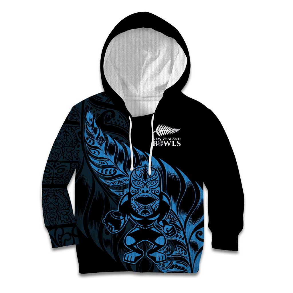 New Zealand Lawn Bowls Custom Kid Hoodie Blue Maori Warrior Tribal Silver Fern - Aussie Hoodie