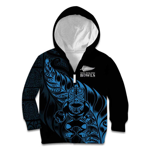 New Zealand Lawn Bowls Custom Kid Hoodie Blue Maori Warrior Tribal Silver Fern - Aussie Hoodie