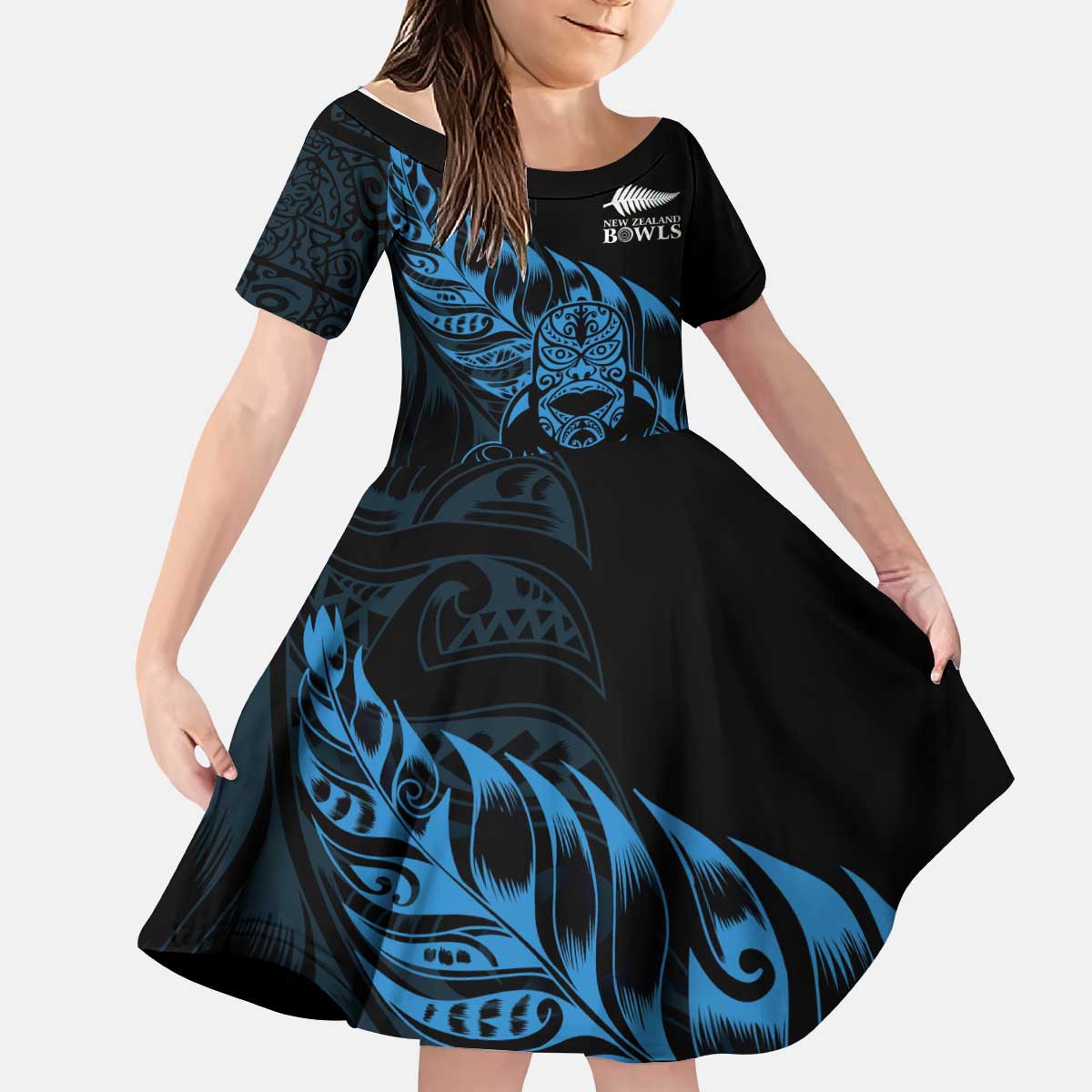 New Zealand Lawn Bowls Custom Kid Short Sleeve Dress Blue Maori Warrior Tribal Silver Fern - Aussie Hoodie