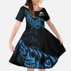 New Zealand Lawn Bowls Custom Kid Short Sleeve Dress Blue Maori Warrior Tribal Silver Fern - Aussie Hoodie
