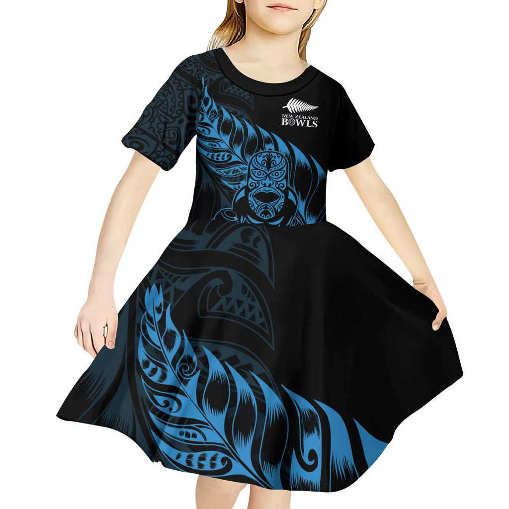 New Zealand Lawn Bowls Custom Kid Short Sleeve Dress Blue Maori Warrior Tribal Silver Fern - Aussie Hoodie