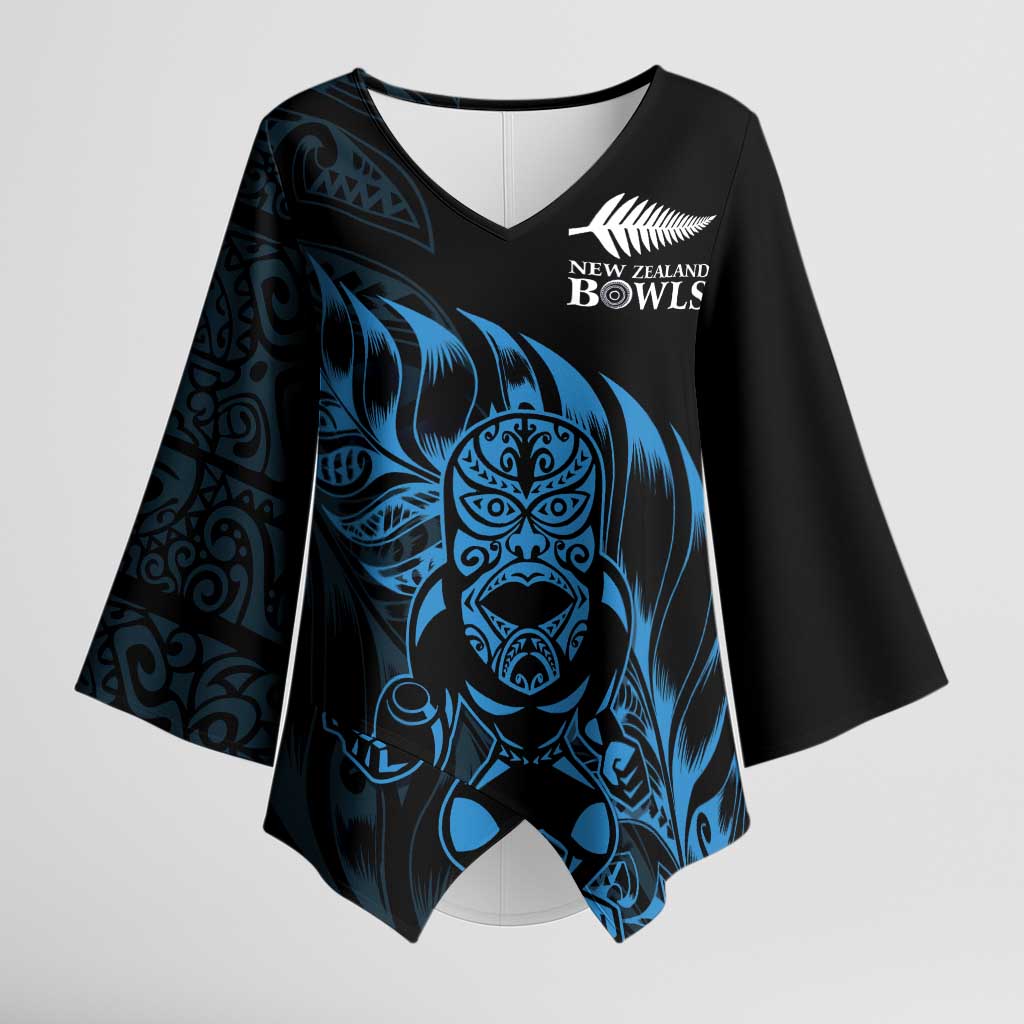New Zealand Lawn Bowls Custom Kimono Sleeve Blouse Blue Maori Warrior Tribal Silver Fern - Aussie Hoodie