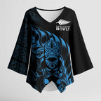 New Zealand Lawn Bowls Custom Kimono Sleeve Blouse Blue Maori Warrior Tribal Silver Fern - Aussie Hoodie