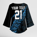 New Zealand Lawn Bowls Custom Kimono Sleeve Blouse Blue Maori Warrior Tribal Silver Fern - Aussie Hoodie