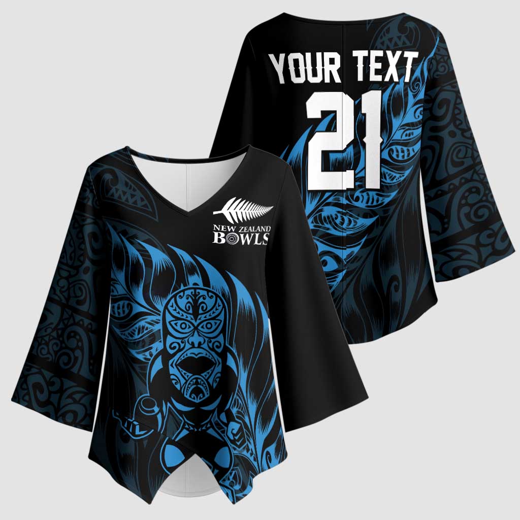 New Zealand Lawn Bowls Custom Kimono Sleeve Blouse Blue Maori Warrior Tribal Silver Fern - Aussie Hoodie