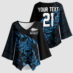 New Zealand Lawn Bowls Custom Kimono Sleeve Blouse Blue Maori Warrior Tribal Silver Fern - Aussie Hoodie