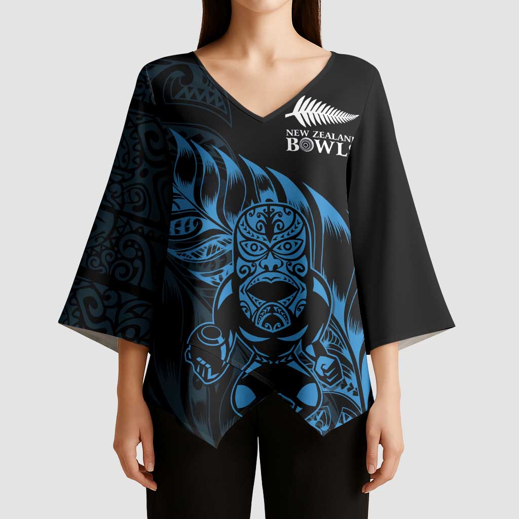 New Zealand Lawn Bowls Custom Kimono Sleeve Blouse Blue Maori Warrior Tribal Silver Fern - Aussie Hoodie