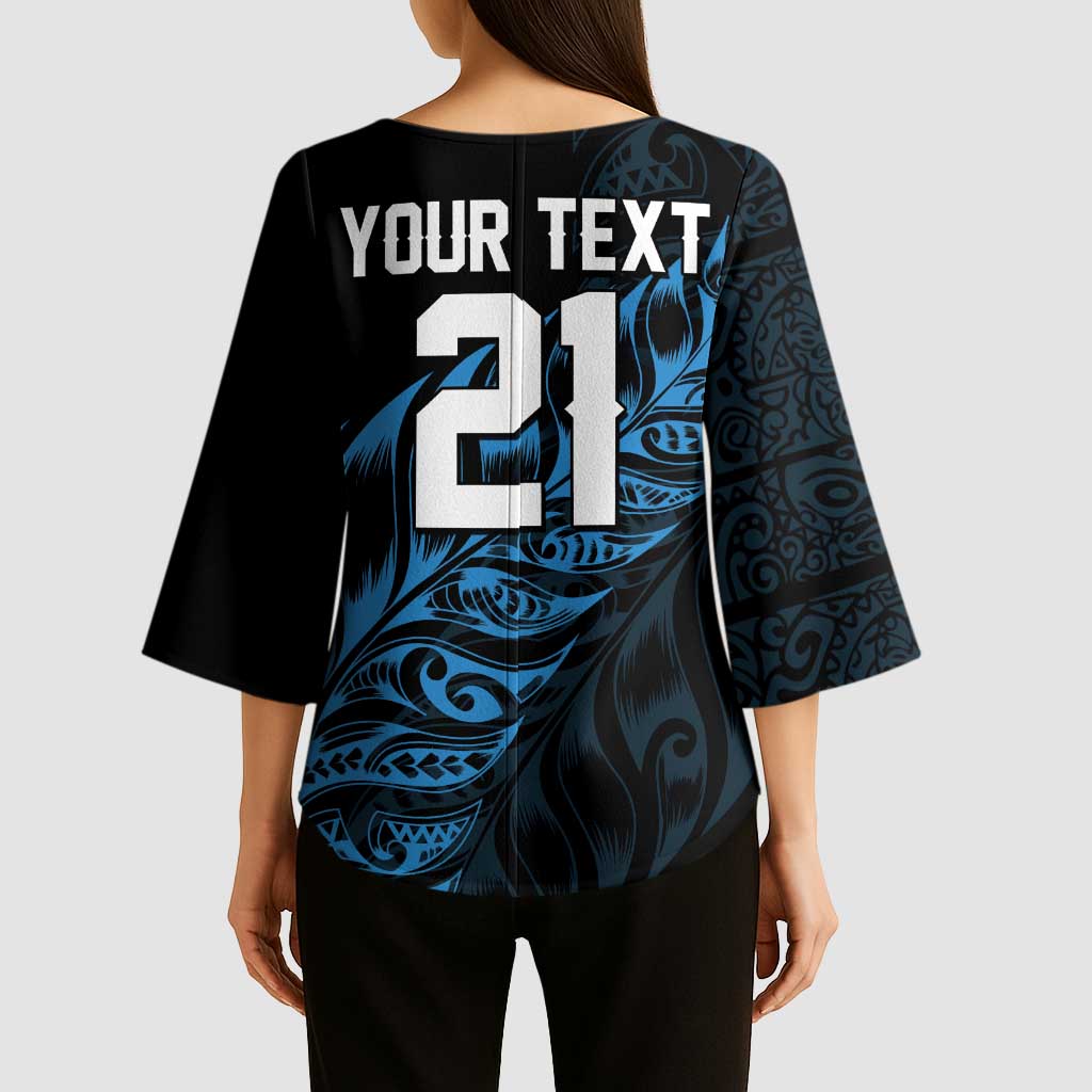 New Zealand Lawn Bowls Custom Kimono Sleeve Blouse Blue Maori Warrior Tribal Silver Fern - Aussie Hoodie