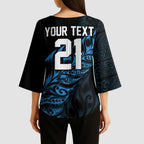 New Zealand Lawn Bowls Custom Kimono Sleeve Blouse Blue Maori Warrior Tribal Silver Fern - Aussie Hoodie