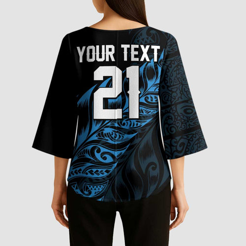 New Zealand Lawn Bowls Custom Kimono Sleeve Blouse Blue Maori Warrior Tribal Silver Fern - Aussie Hoodie