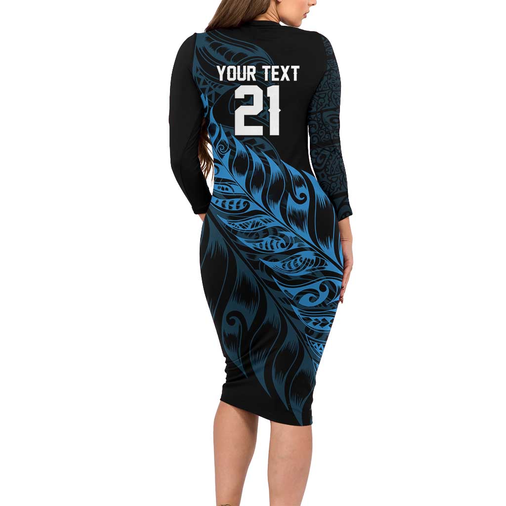 New Zealand Lawn Bowls Custom Long Sleeve Bodycon Dress Blue Maori Warrior Tribal Silver Fern - Aussie Hoodie