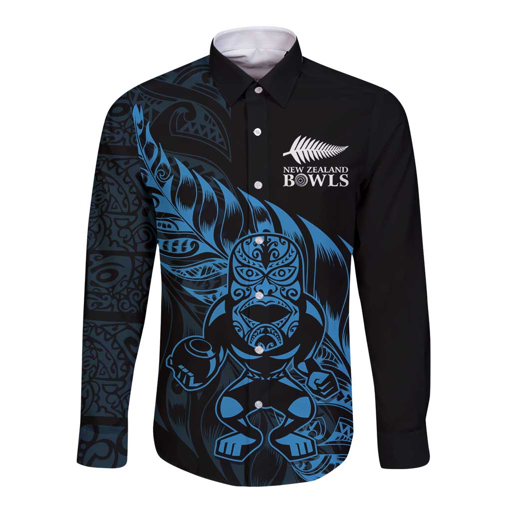 New Zealand Lawn Bowls Custom Long Sleeve Button Shirt Blue Maori Warrior Tribal Silver Fern - Aussie Hoodie