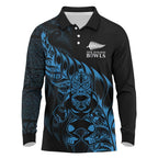 New Zealand Lawn Bowls Custom Long Sleeve Polo Shirt Blue Maori Warrior Tribal Silver Fern - Aussie Hoodie