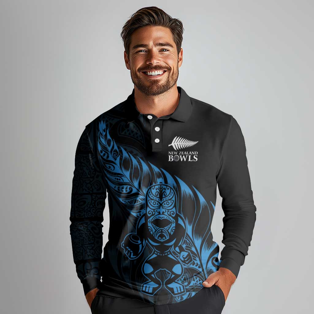 New Zealand Lawn Bowls Custom Long Sleeve Polo Shirt Blue Maori Warrior Tribal Silver Fern - Aussie Hoodie