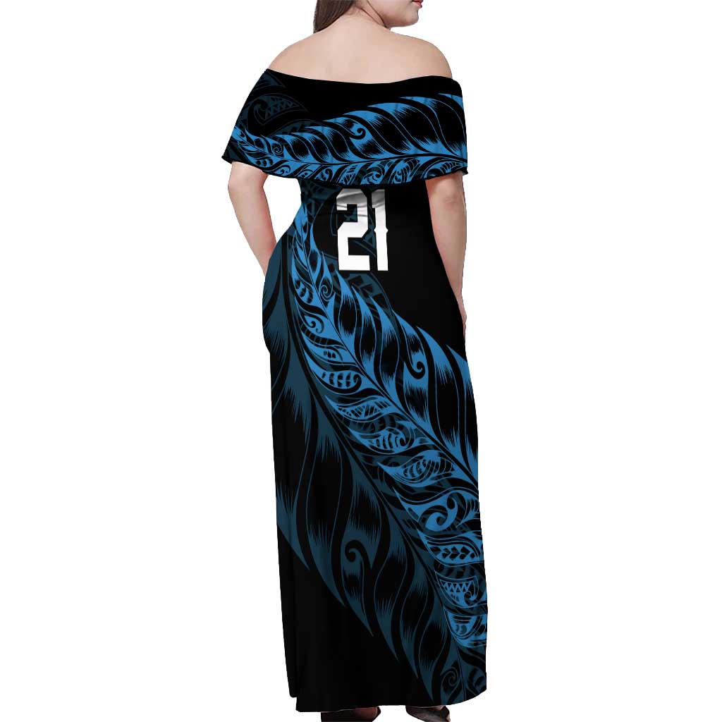 New Zealand Lawn Bowls Custom Off Shoulder Maxi Dress Blue Maori Warrior Tribal Silver Fern - Aussie Hoodie