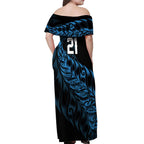 New Zealand Lawn Bowls Custom Off Shoulder Maxi Dress Blue Maori Warrior Tribal Silver Fern - Aussie Hoodie