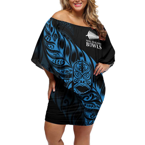 New Zealand Lawn Bowls Custom Off Shoulder Short Dress Blue Maori Warrior Tribal Silver Fern - Aussie Hoodie