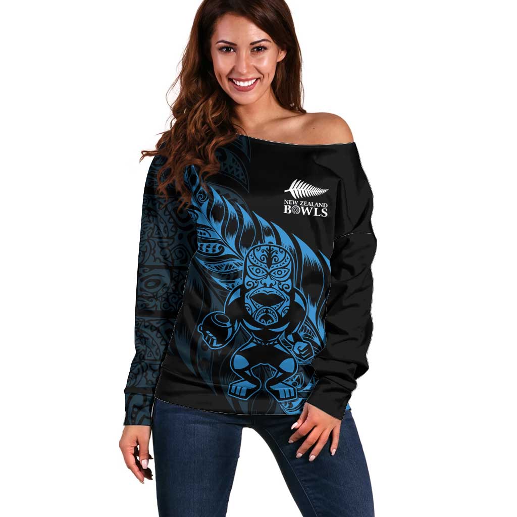 New Zealand Lawn Bowls Custom Off Shoulder Sweater Blue Maori Warrior Tribal Silver Fern - Aussie Hoodie