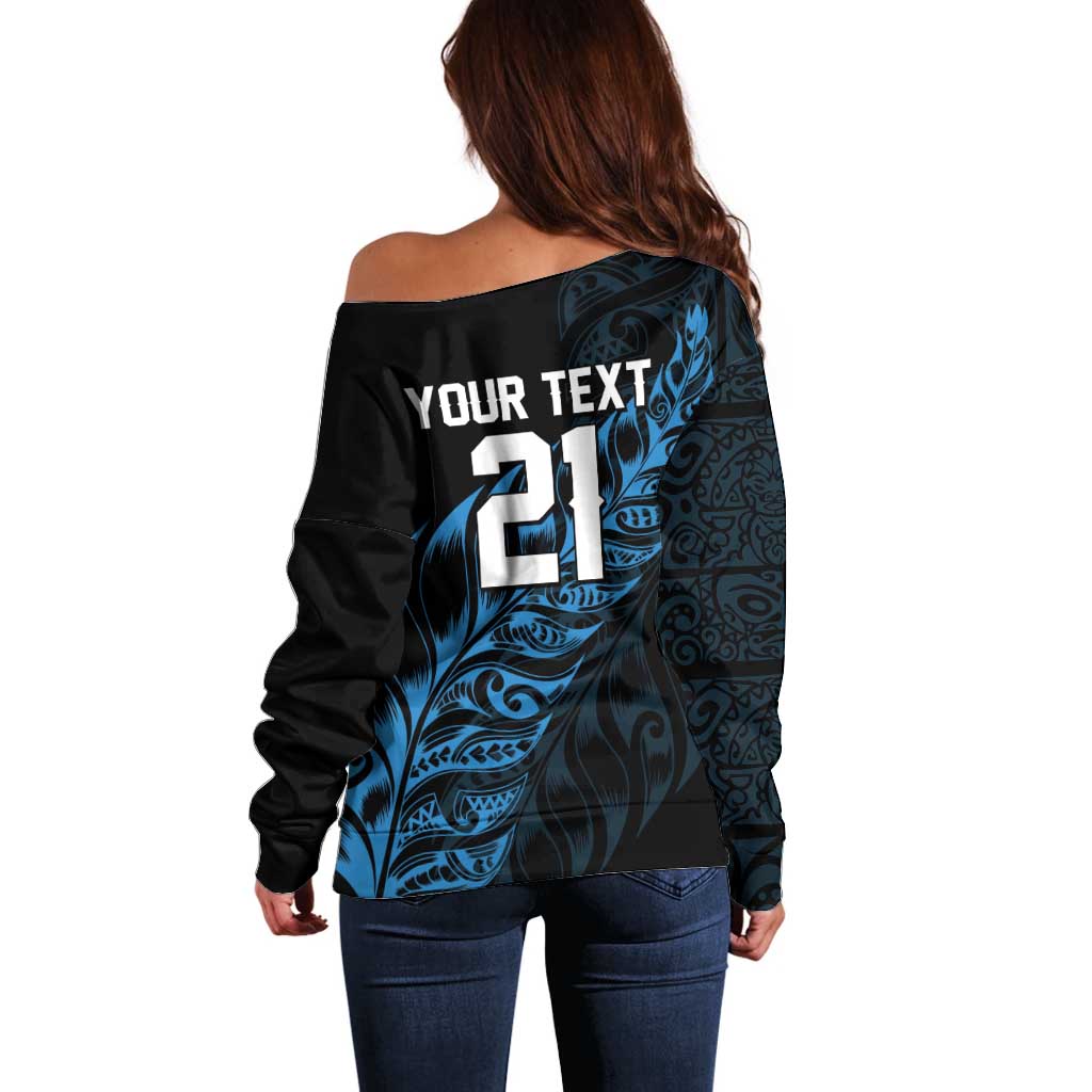New Zealand Lawn Bowls Custom Off Shoulder Sweater Blue Maori Warrior Tribal Silver Fern - Aussie Hoodie