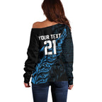 New Zealand Lawn Bowls Custom Off Shoulder Sweater Blue Maori Warrior Tribal Silver Fern - Aussie Hoodie