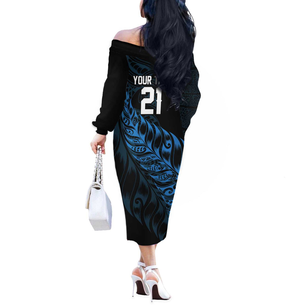 New Zealand Lawn Bowls Custom Off The Shoulder Long Sleeve Dress Blue Maori Warrior Tribal Silver Fern - Aussie Hoodie
