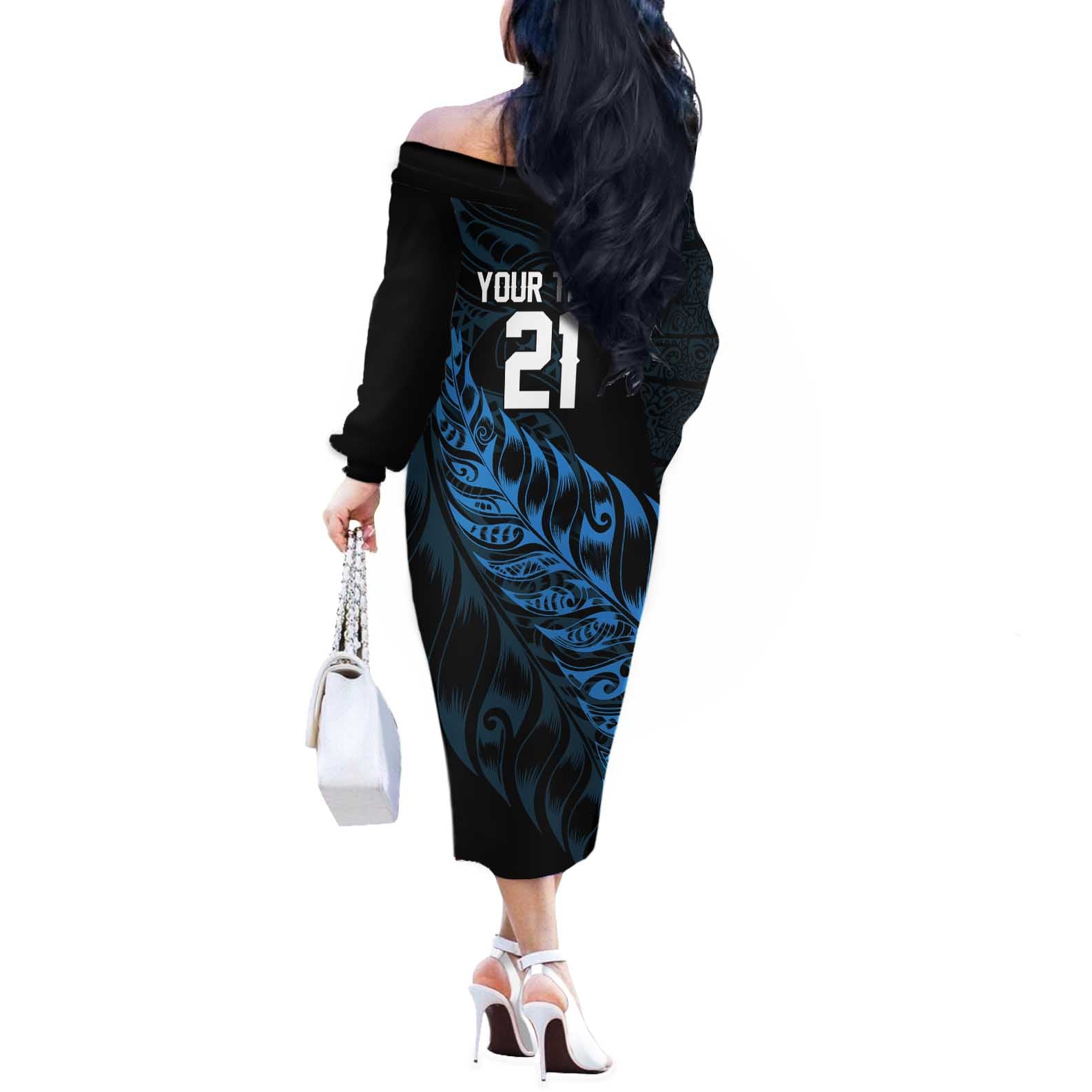 New Zealand Lawn Bowls Custom Off The Shoulder Long Sleeve Dress Blue Maori Warrior Tribal Silver Fern - Aussie Hoodie