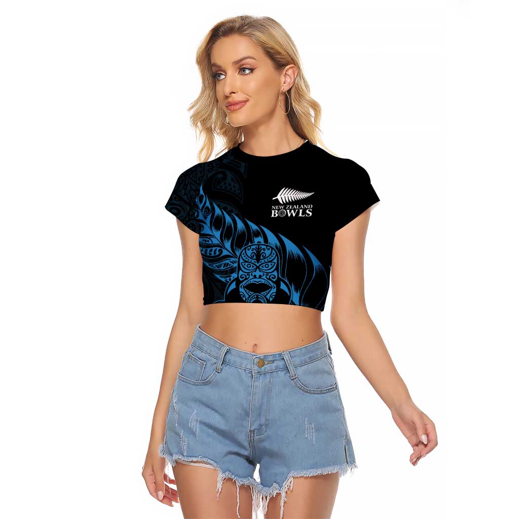 New Zealand Lawn Bowls Custom Raglan Cropped T Shirt Blue Maori Warrior Tribal Silver Fern - Aussie Hoodie