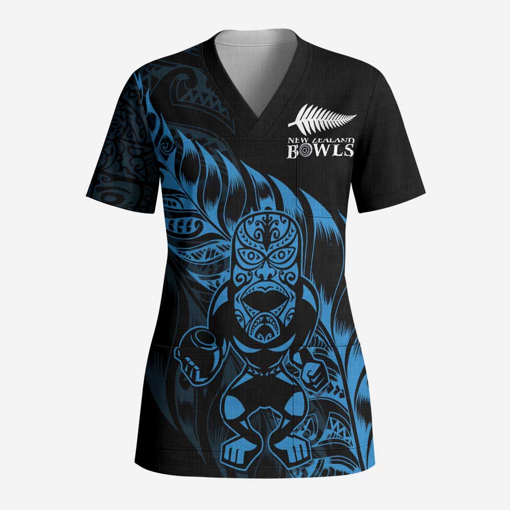 New Zealand Lawn Bowls Custom Scrub Top Blue Maori Warrior Tribal Silver Fern - Aussie Hoodie