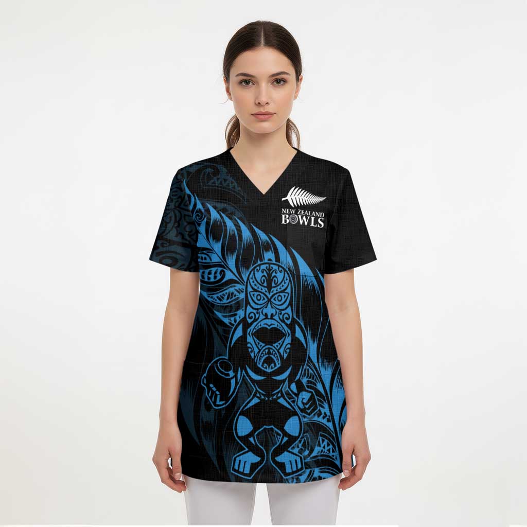 New Zealand Lawn Bowls Custom Scrub Top Blue Maori Warrior Tribal Silver Fern - Aussie Hoodie
