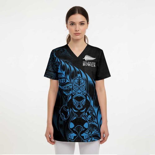 New Zealand Lawn Bowls Custom Scrub Top Blue Maori Warrior Tribal Silver Fern - Aussie Hoodie