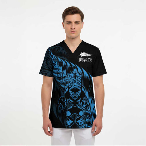 New Zealand Lawn Bowls Custom Scrub Top Blue Maori Warrior Tribal Silver Fern - Aussie Hoodie