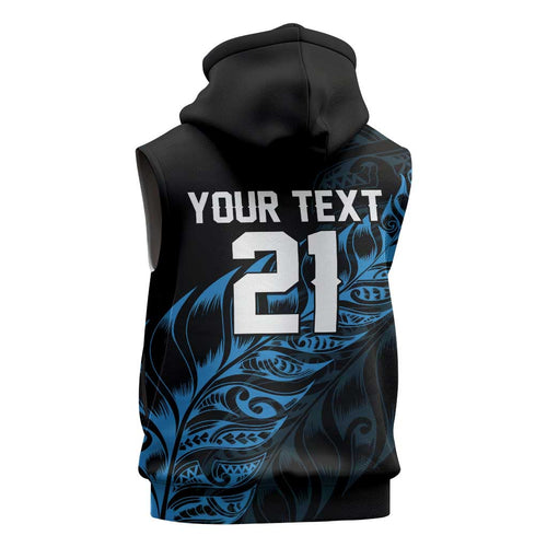 New Zealand Lawn Bowls Custom Sleeveless Hoodie Blue Maori Warrior Tribal Silver Fern - Aussie Hoodie