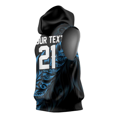 New Zealand Lawn Bowls Custom Sleeveless Hoodie Blue Maori Warrior Tribal Silver Fern - Aussie Hoodie