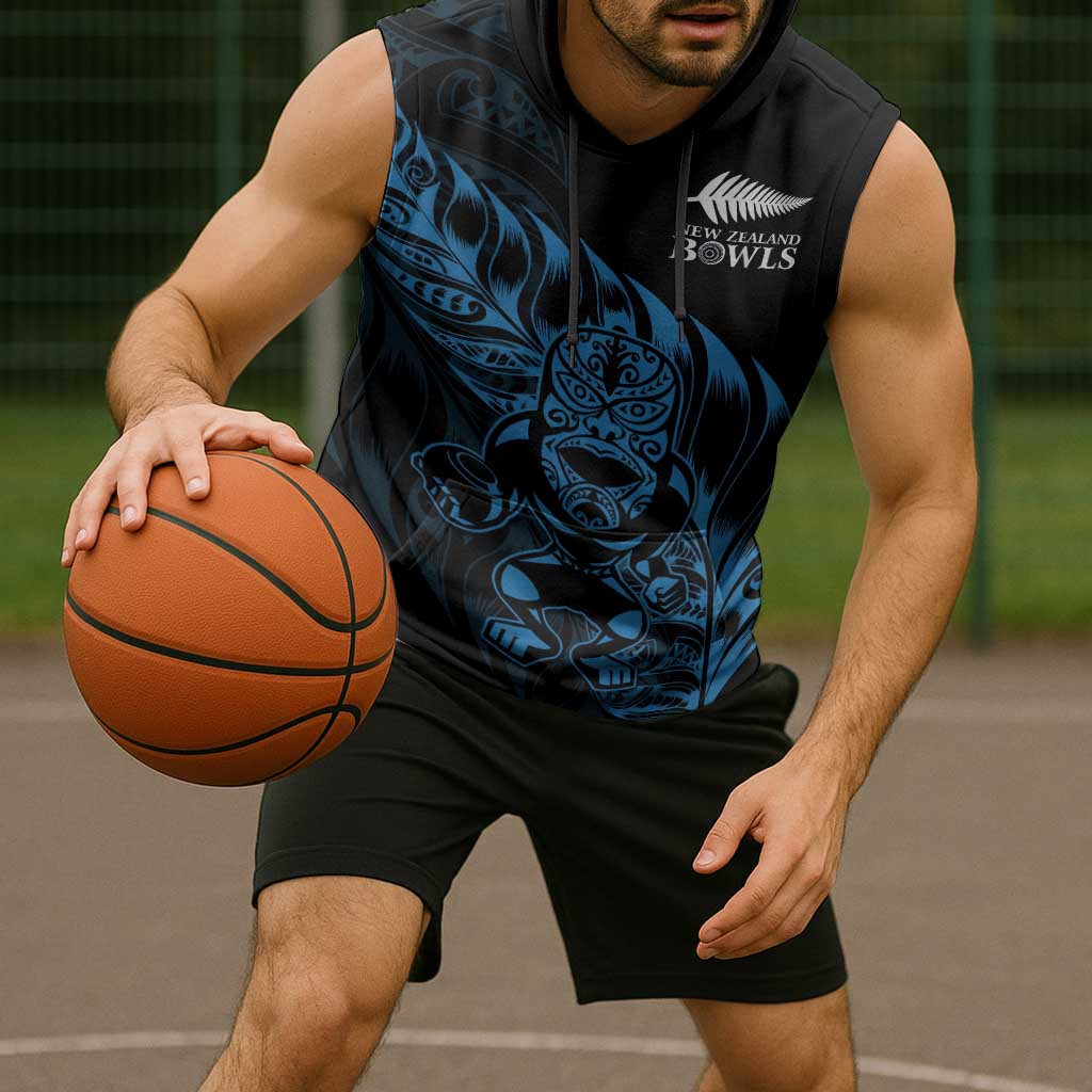 New Zealand Lawn Bowls Custom Sleeveless Hoodie Blue Maori Warrior Tribal Silver Fern - Aussie Hoodie
