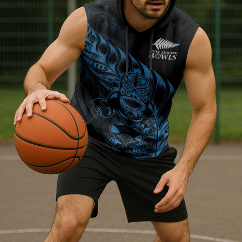 New Zealand Lawn Bowls Custom Sleeveless Hoodie Blue Maori Warrior Tribal Silver Fern - Aussie Hoodie