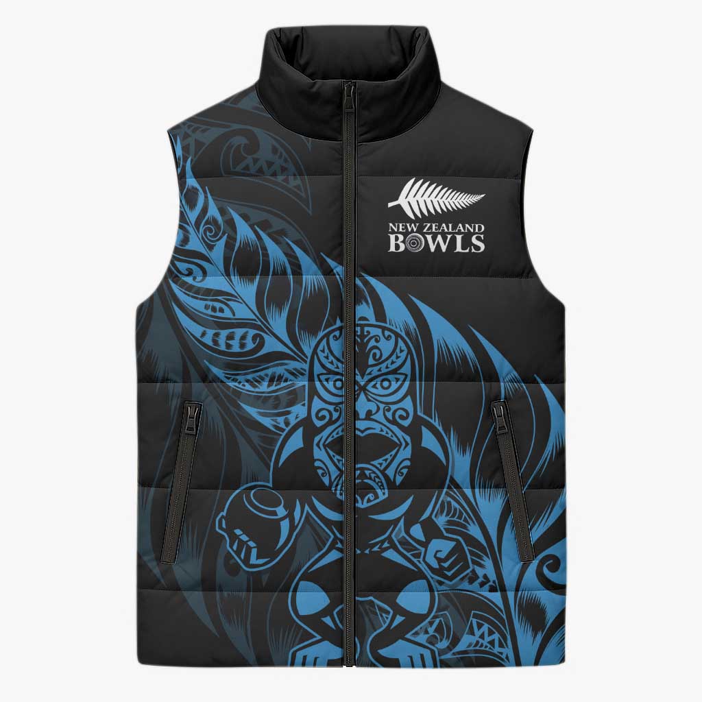 New Zealand Lawn Bowls Custom Sleeveless Puffer Jacket Blue Maori Warrior Tribal Silver Fern - Aussie Hoodie