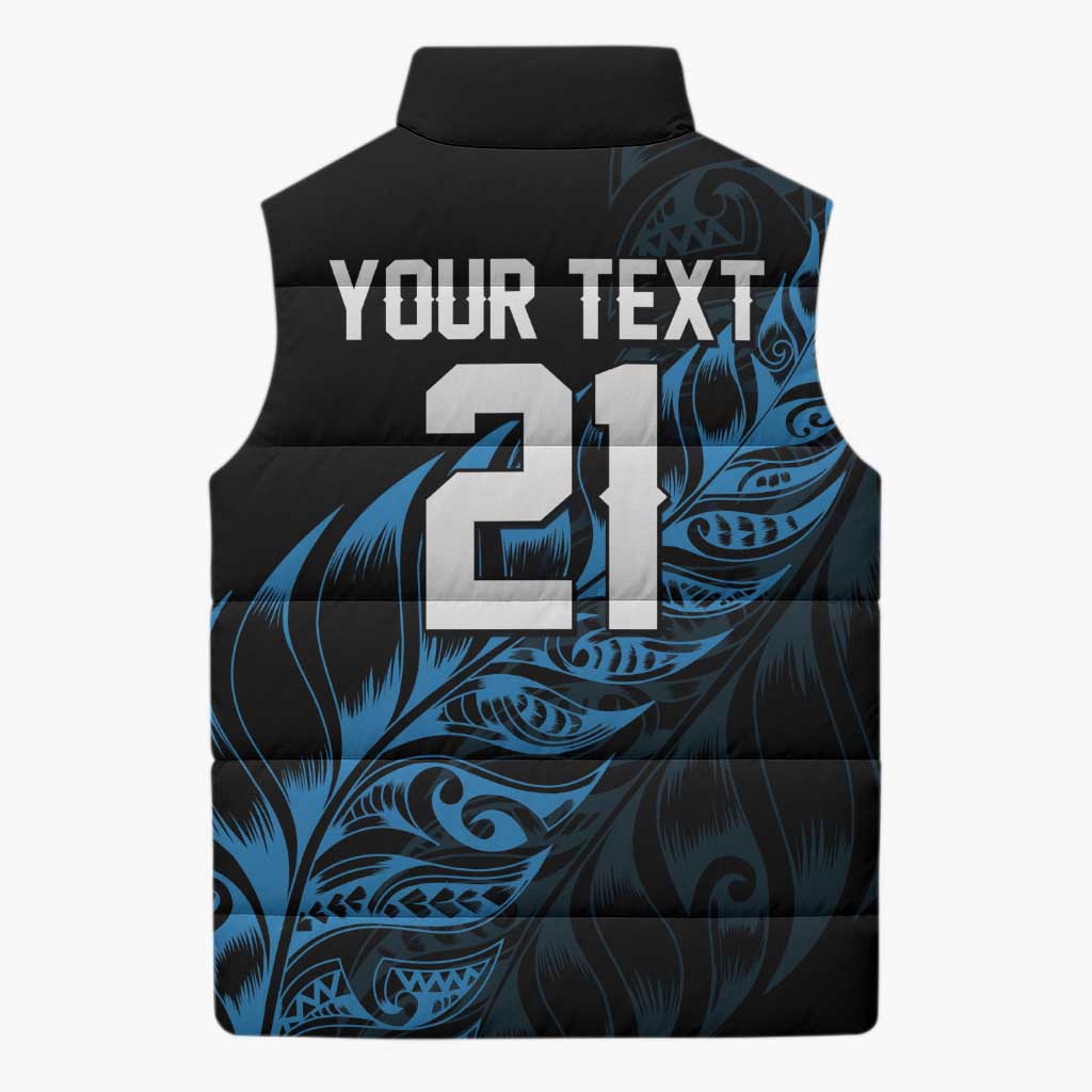 New Zealand Lawn Bowls Custom Sleeveless Puffer Jacket Blue Maori Warrior Tribal Silver Fern - Aussie Hoodie