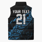 New Zealand Lawn Bowls Custom Sleeveless Puffer Jacket Blue Maori Warrior Tribal Silver Fern - Aussie Hoodie