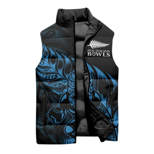 New Zealand Lawn Bowls Custom Sleeveless Puffer Jacket Blue Maori Warrior Tribal Silver Fern - Aussie Hoodie