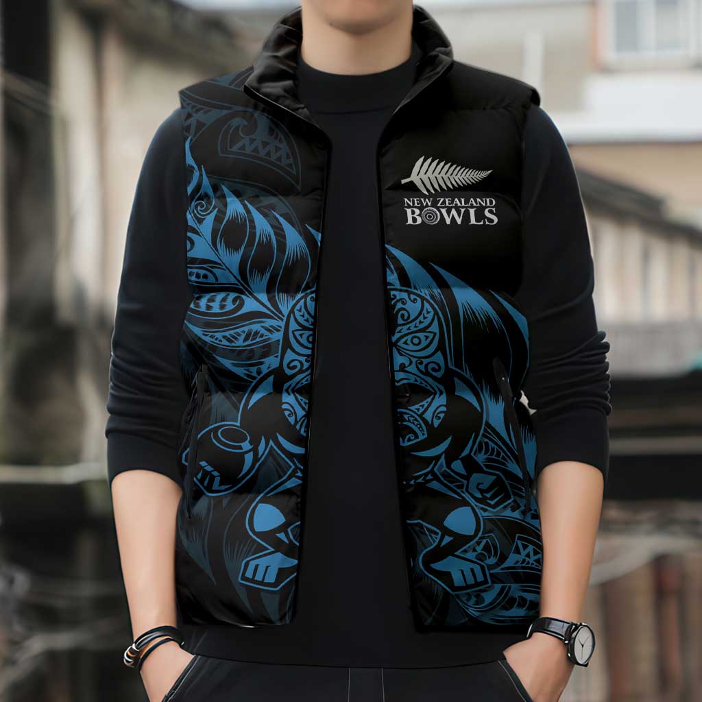 New Zealand Lawn Bowls Custom Sleeveless Puffer Jacket Blue Maori Warrior Tribal Silver Fern - Aussie Hoodie