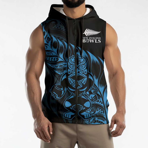 New Zealand Lawn Bowls Custom Sleeveless Zip Hoodie Blue Maori Warrior Tribal Silver Fern LT9