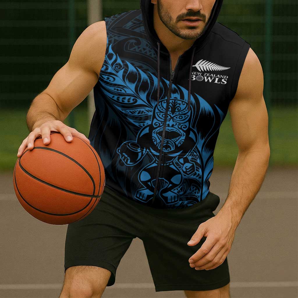 New Zealand Lawn Bowls Custom Sleeveless Zip Hoodie Blue Maori Warrior Tribal Silver Fern LT9