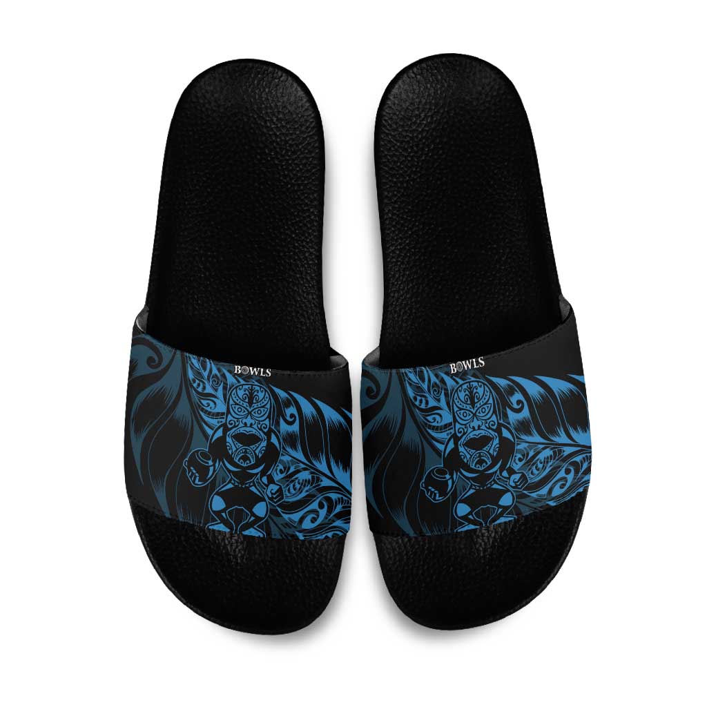 New Zealand Lawn Bowls Slide Sandals Blue Maori Warrior Tribal Silver Fern - Aussie Hoodie