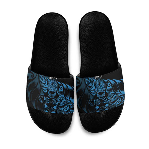 New Zealand Lawn Bowls Slide Sandals Blue Maori Warrior Tribal Silver Fern - Aussie Hoodie
